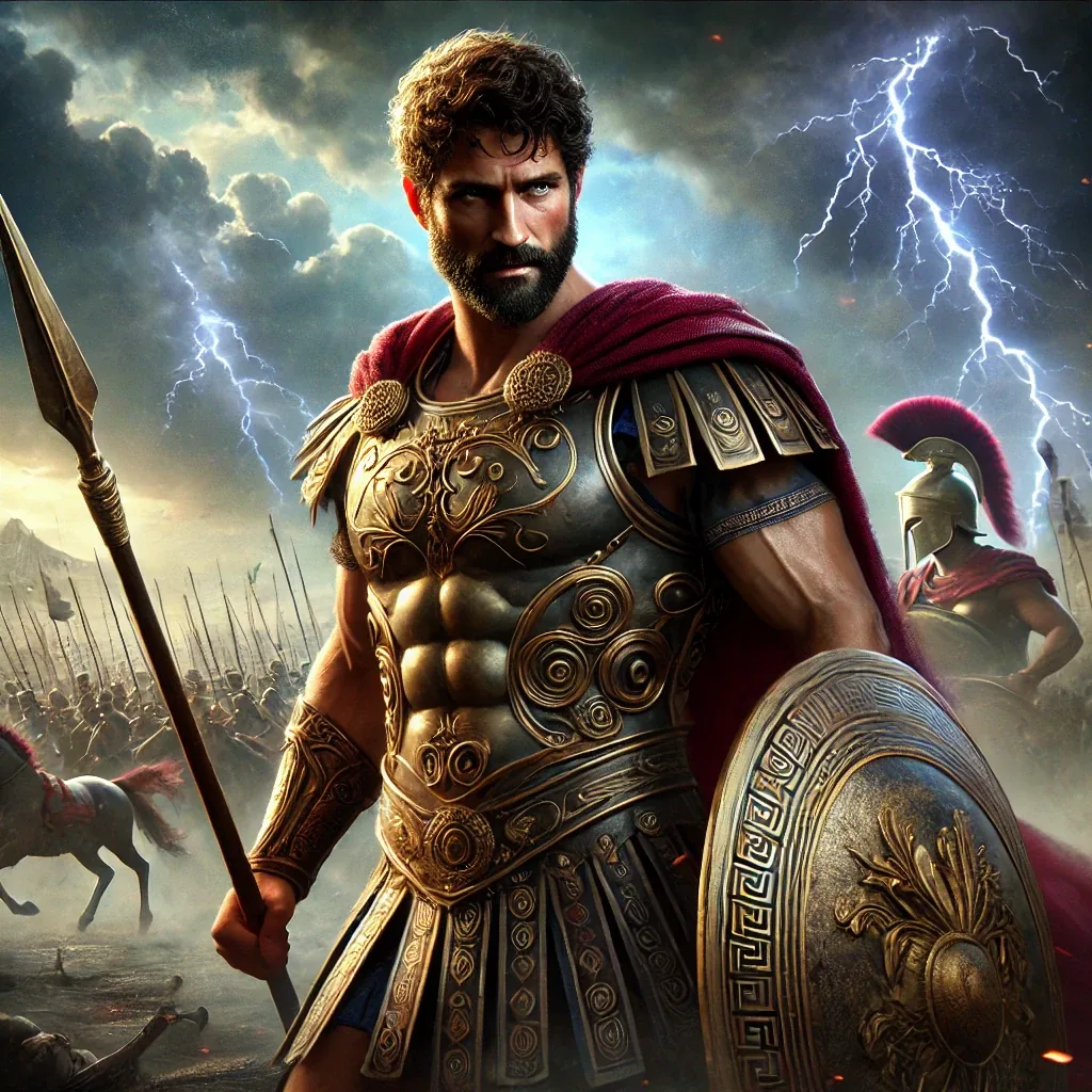 Aquiles con armadura dorada, lanza y escudo ante un ejército bajo cielo tormentoso