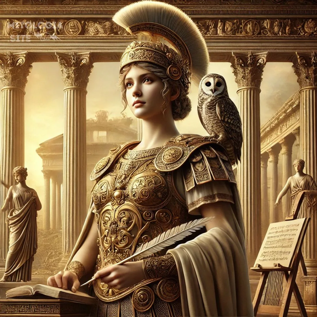 Minerva con casco de penacho y armadura dorada, búho al hombro y pluma, ante columnas romanas