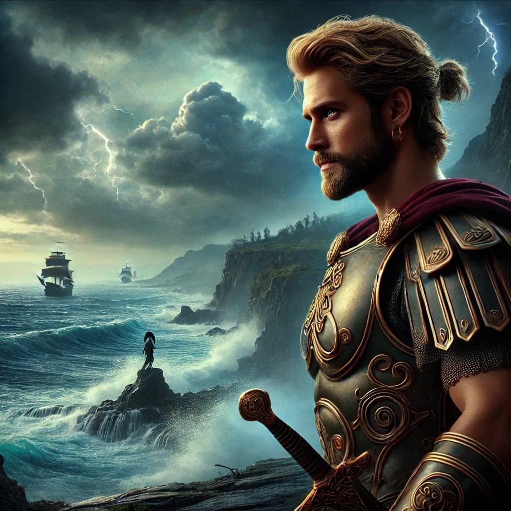 Ulises con armadura y espada mirando el mar embravecido con barcos y acantilados bajo tormenta