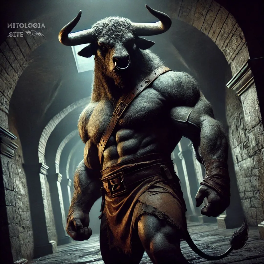 El Minotauro musculoso con cabeza de toro caminando por un laberinto de piedra
