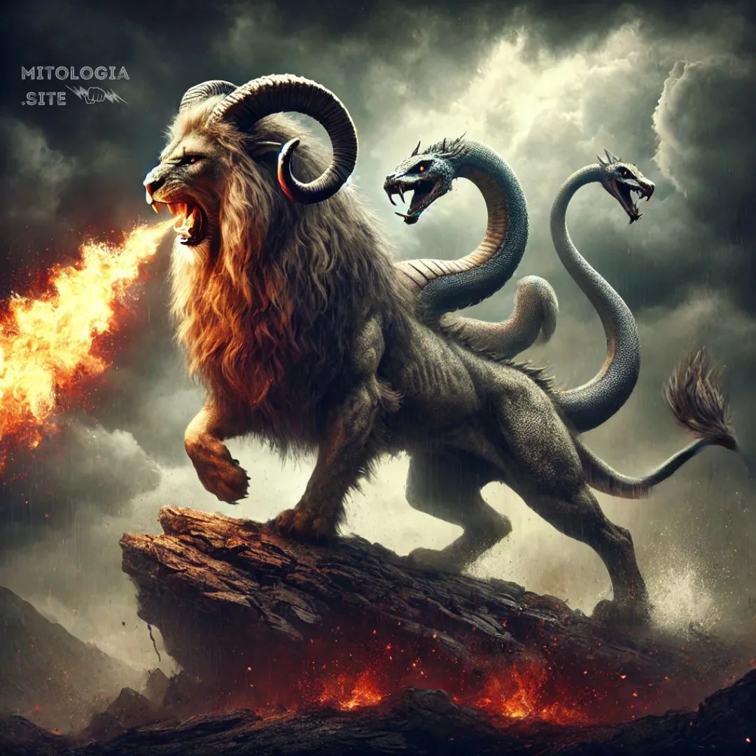 La Quimera con cabeza de león exhalando fuego y colas de serpiente sobre rocas
