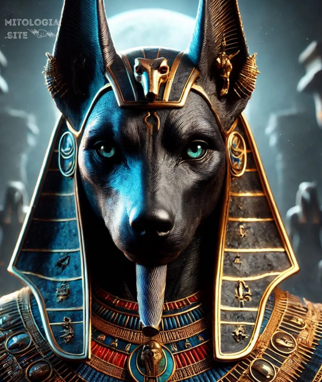 Anubis con cabeza de chacal negro, tocado dorado y collar egipcio bajo la luna