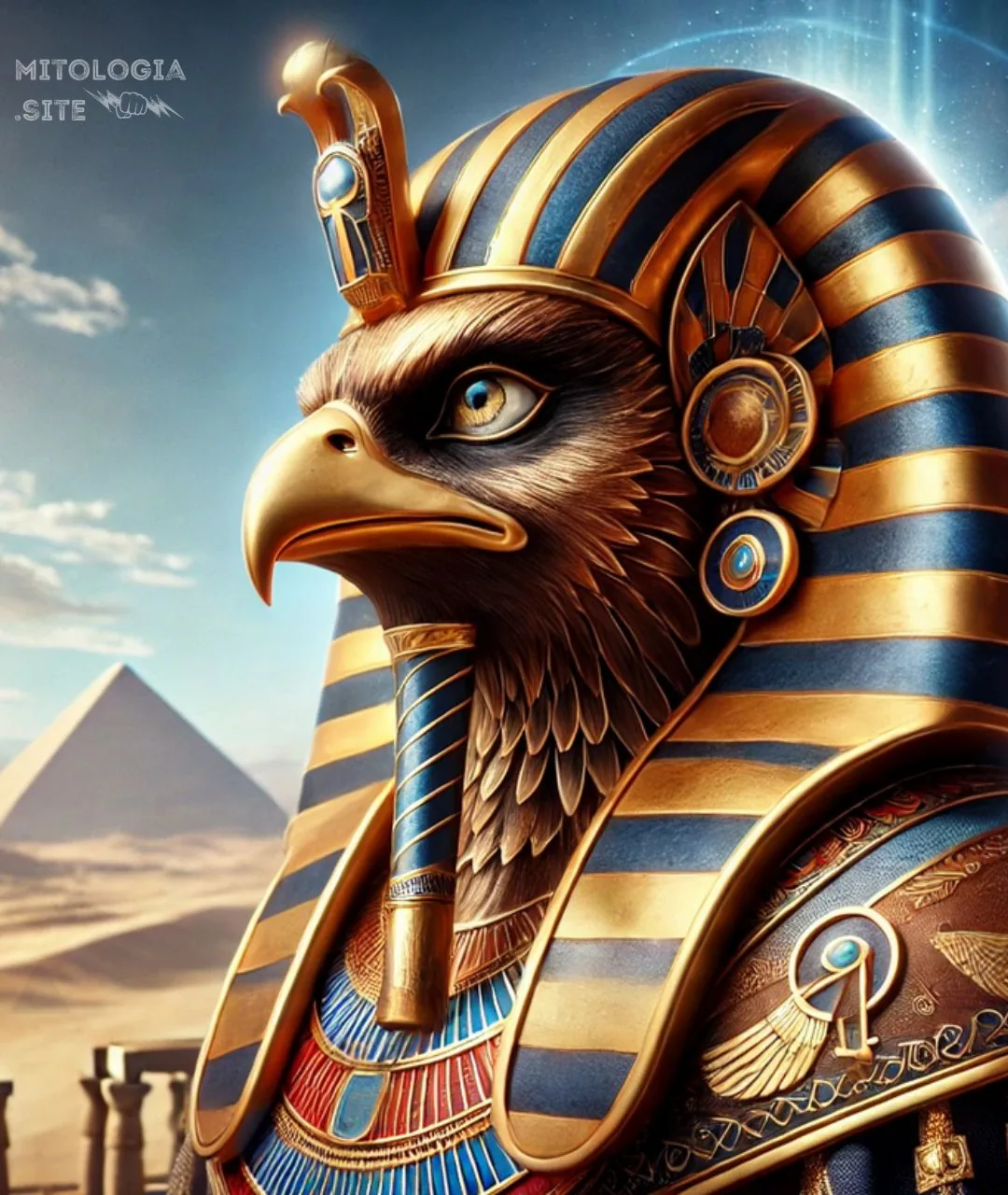 Horus con cabeza de halcón y tocado nemes rayado dorado y azul ante una pirámide