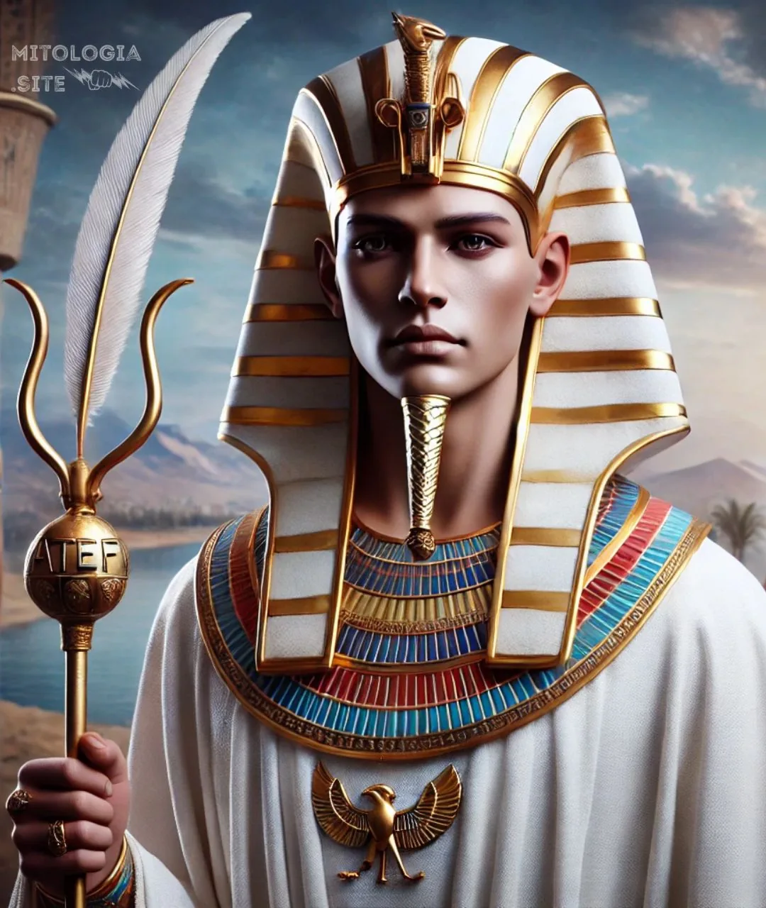 Osiris representado como faraón con tocado nemes dorado y cetro con pluma junto al Nilo