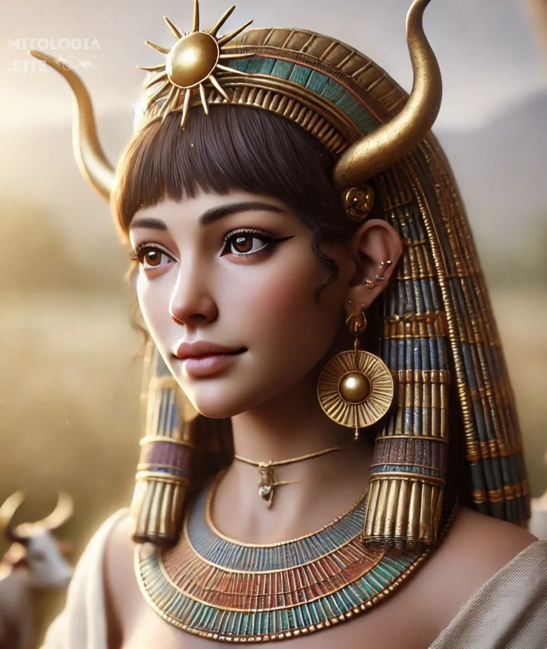 Hathor con cuernos dorados, disco solar y collar egipcio en un paisaje de pastos