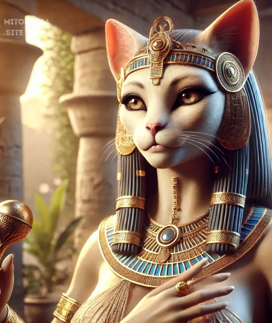 Diosa Bastet con rostro felino, tocado egipcio azul y collar dorado en un templo iluminado