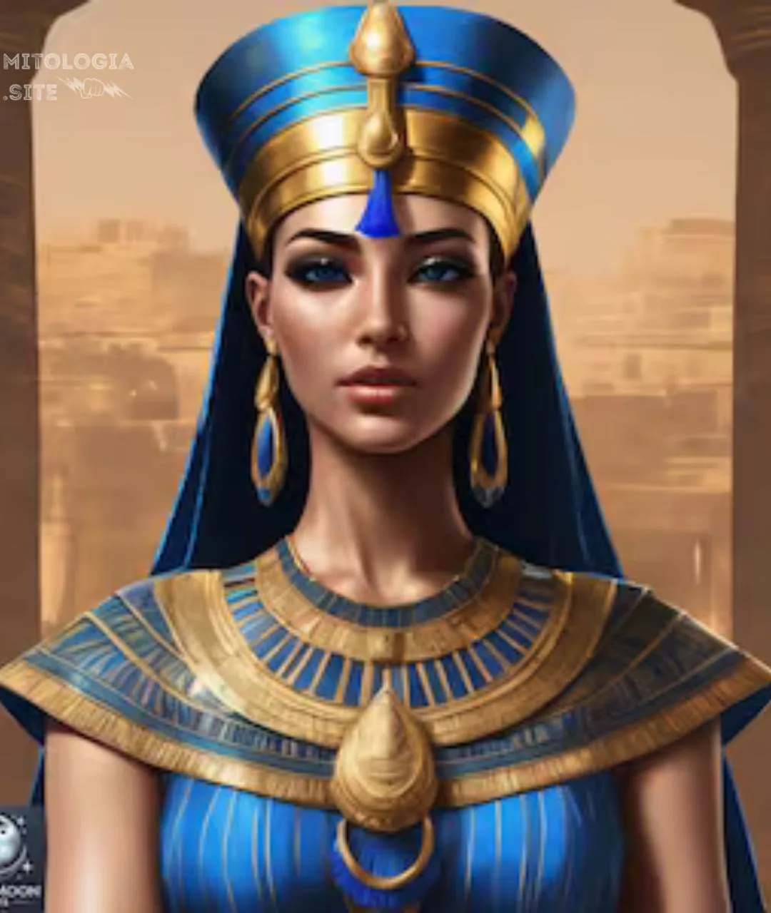 Isis con tocado azul y dorado, collar egipcio y pendientes, ante un paisaje desértico