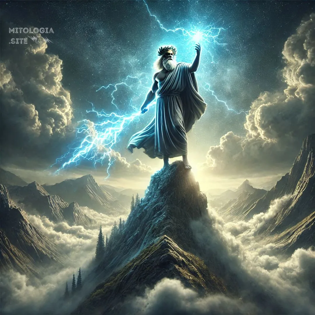 Zeus sobre la cima de una montaña lanzando un rayo azul entre las nubes