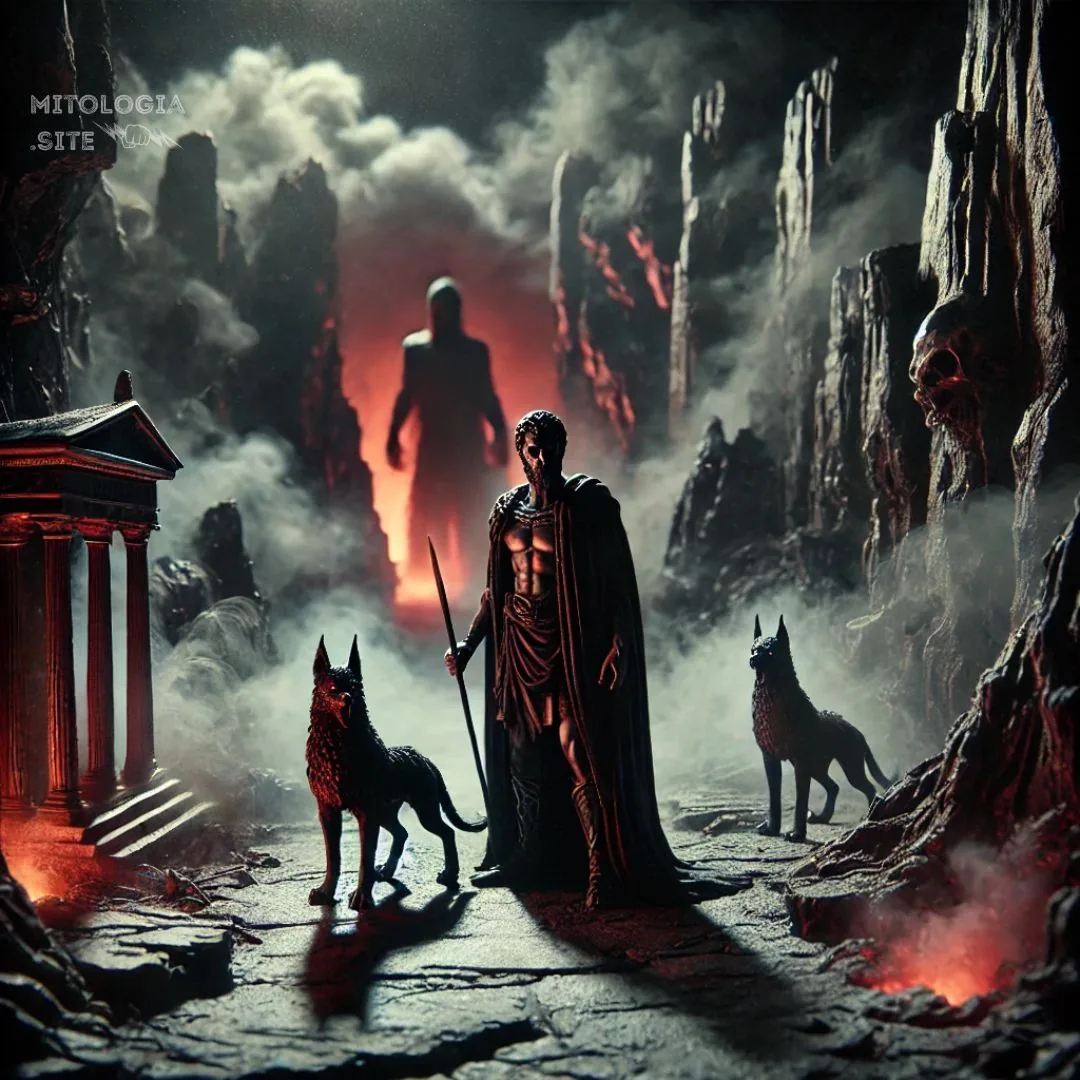Hades con capa negra y lanza en el inframundo entre dos perros infernales y bruma roja