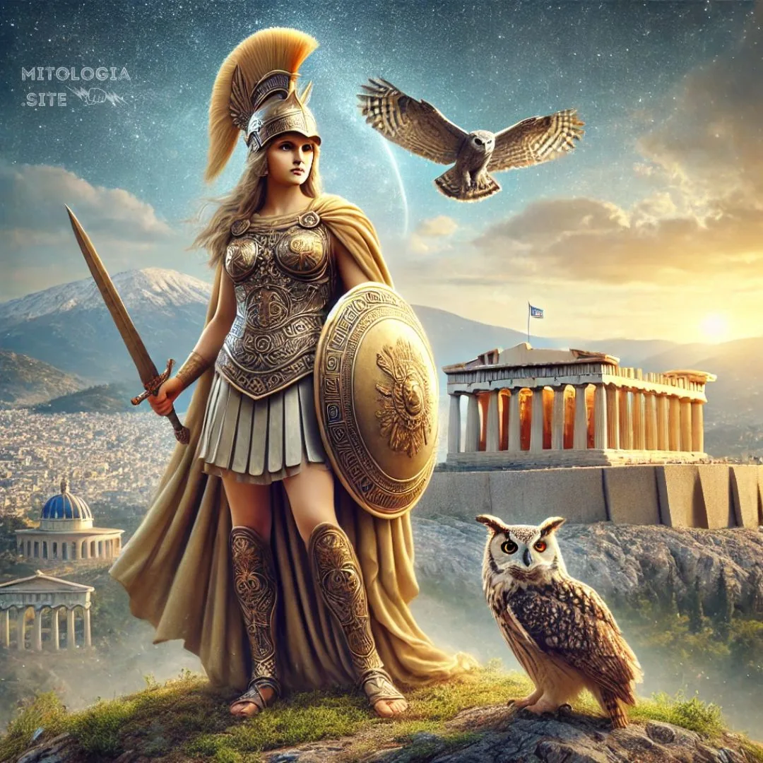 Atenea con casco, espada y escudo dorado junto a un búho ante el Partenón