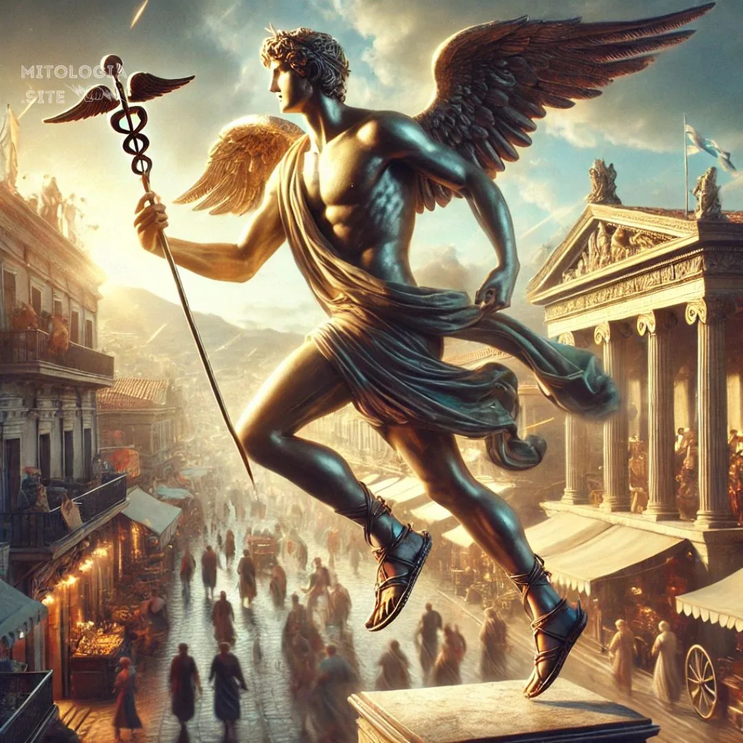 Hermes alado con caduceo corriendo sobre un mercado de una ciudad griega