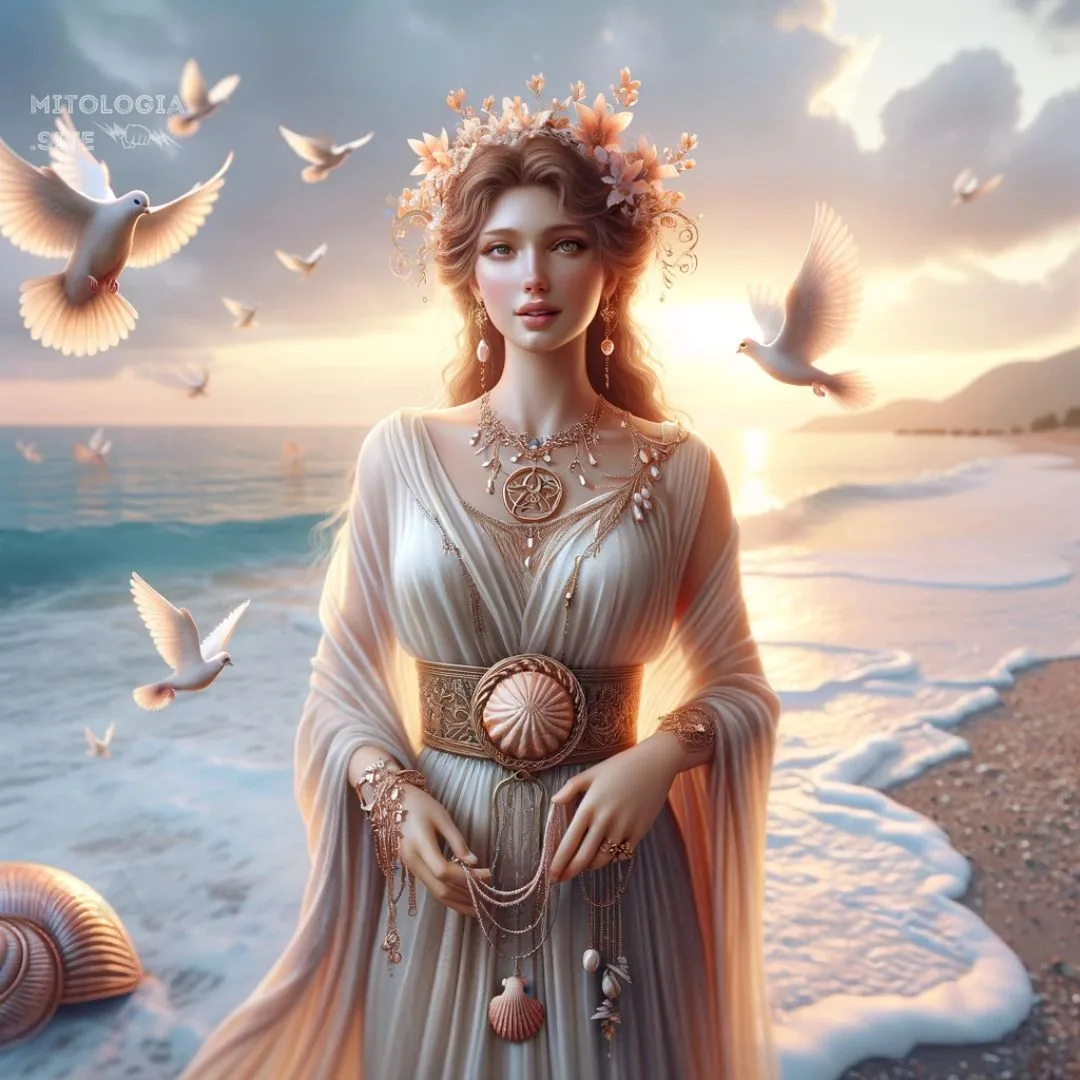 Afrodita con corona floral y túnica clara en la orilla del mar entre palomas blancas al atardecer