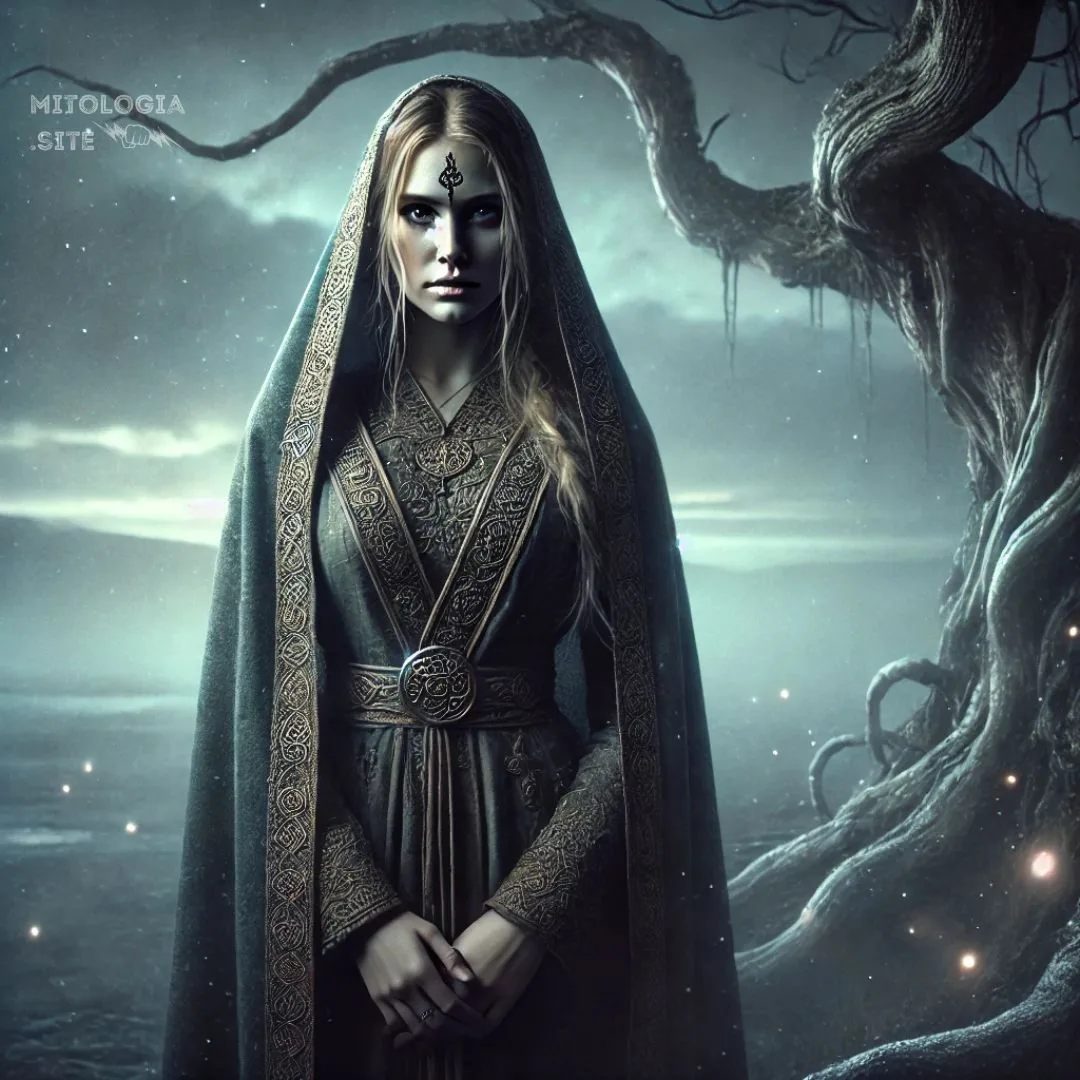 Diosa Frigg rubia con manto nórdico y runa en la frente junto a un árbol retorcido bajo cielo nocturno