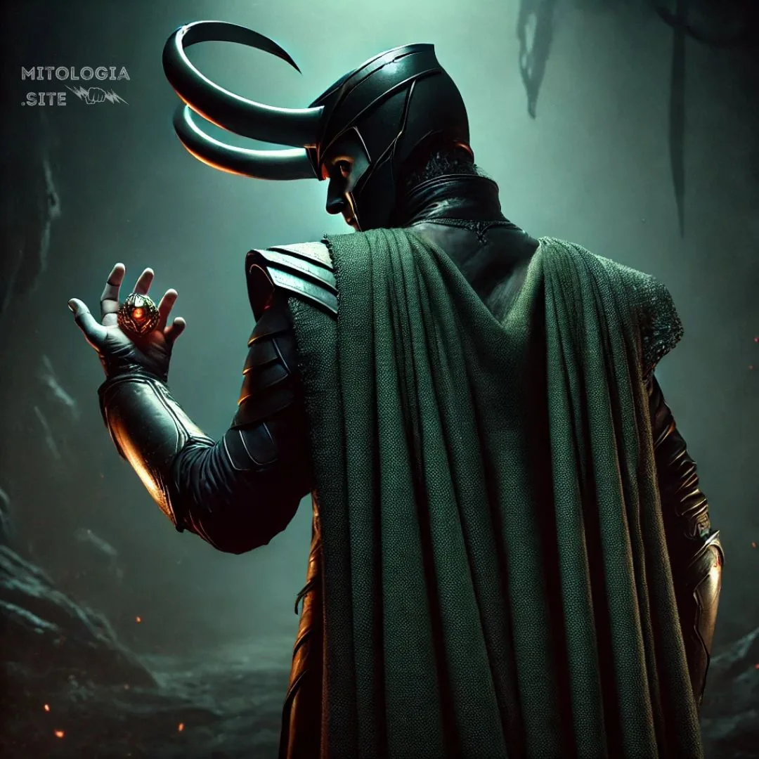 Loki de espaldas con casco de cuernos curvados y capa verde, sosteniendo un anillo rojo brillante