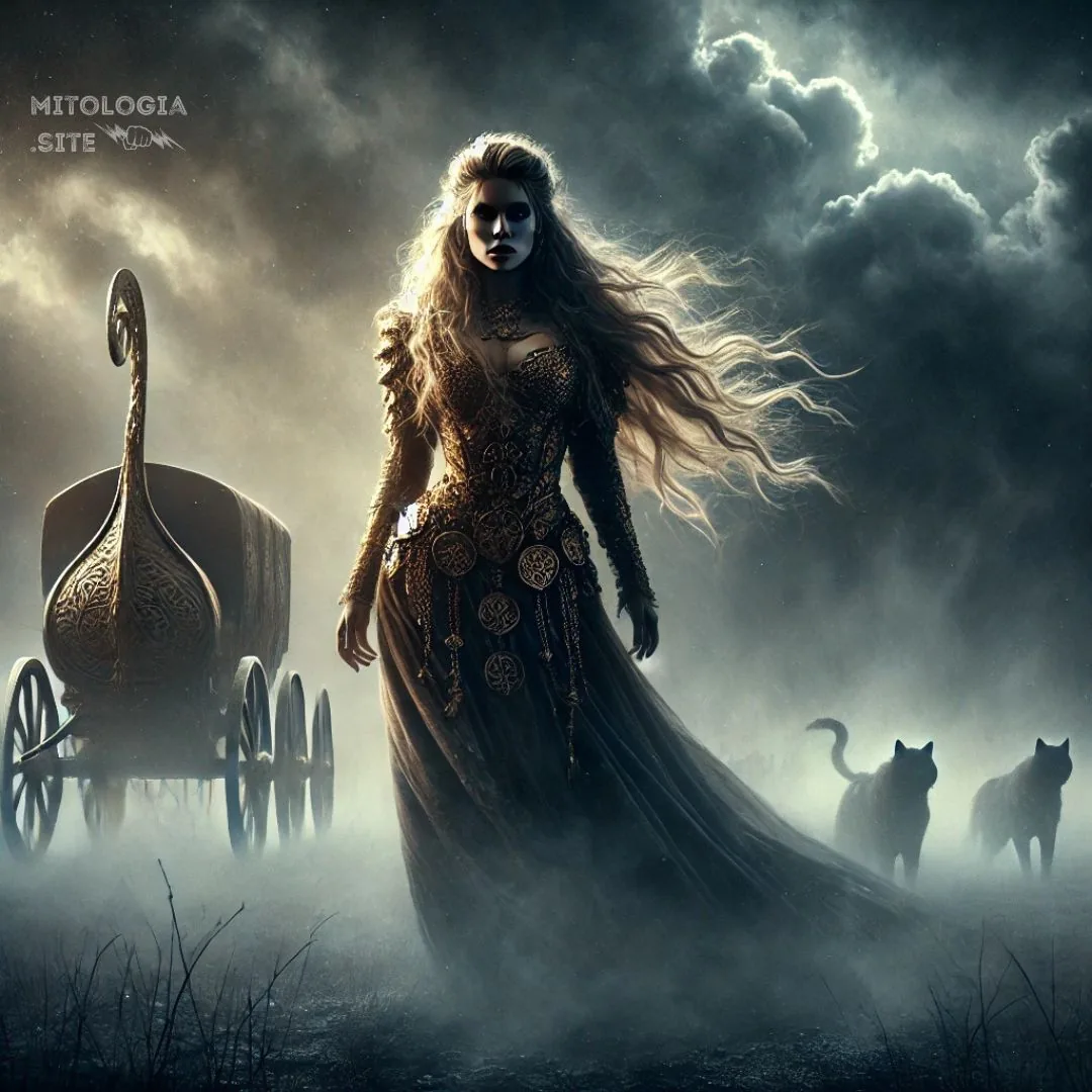 Freyja con vestido dorado junto a su carro y gatos entre la niebla nocturna