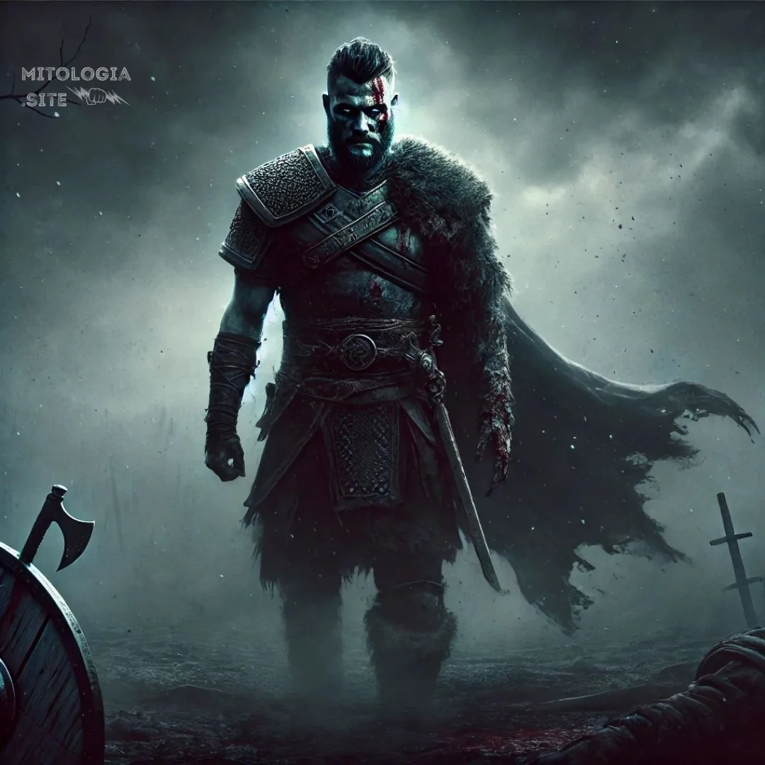 Guerrero nórdico Tyr con armadura y capa de piel caminando por un campo de batalla brumoso