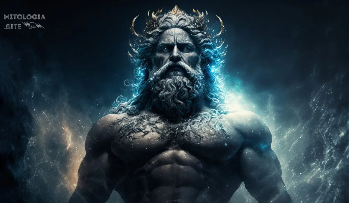 Njord coronado con cuernos y barba fluida rodeado de energía azul acuática