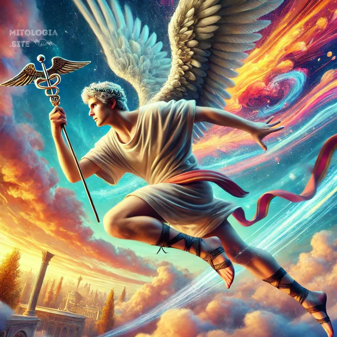 Mercurio alado con caduceo y sandalias corriendo por un cielo colorido sobre ruinas romanas