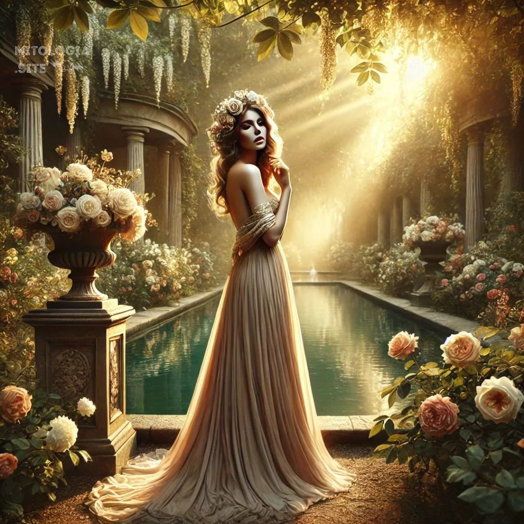 Venus con vestido dorado y corona de flores en un jardín romano con rosas y columnas al atardecer