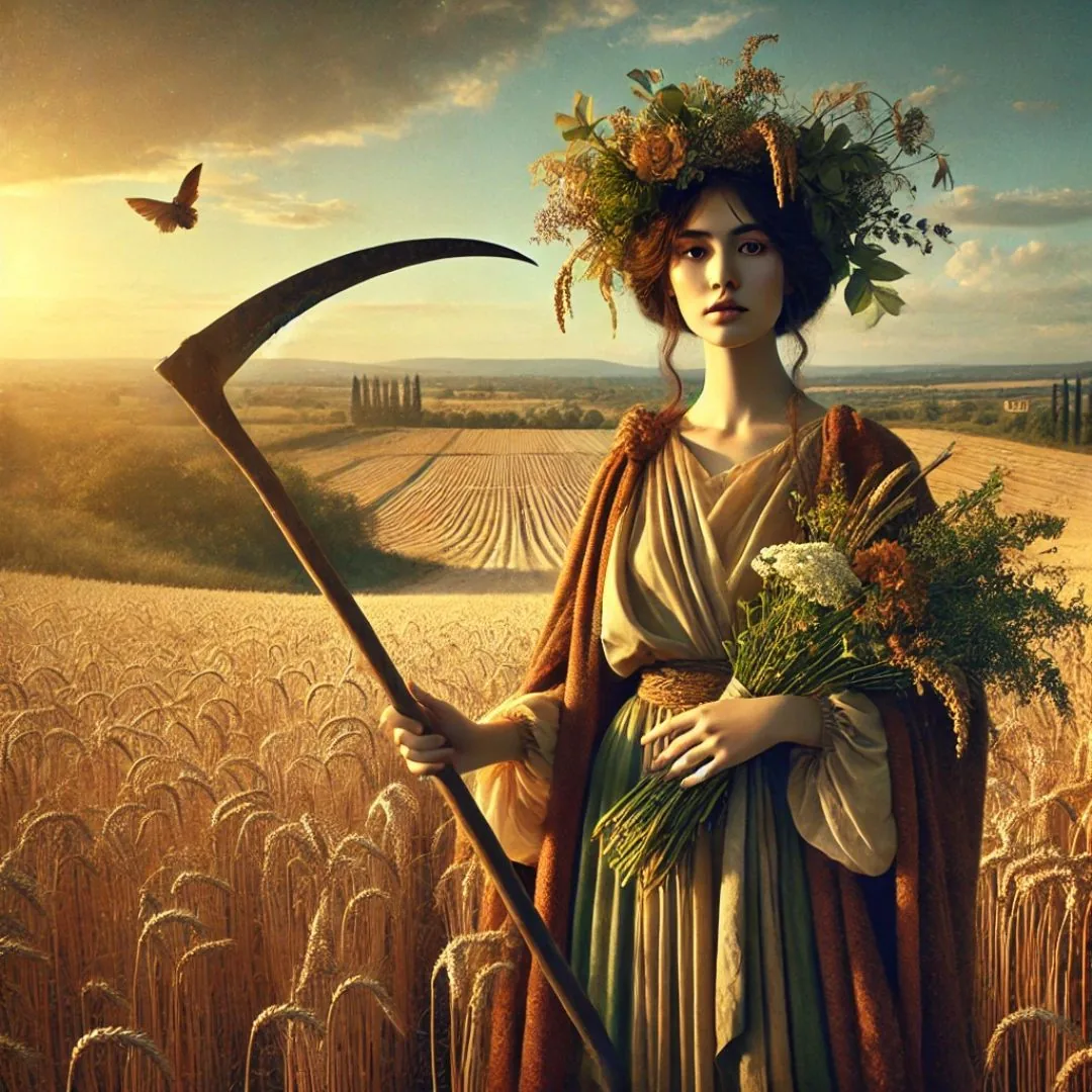 Ceres con corona de flores y guadaña sostiene espigas en un campo de trigo dorado
