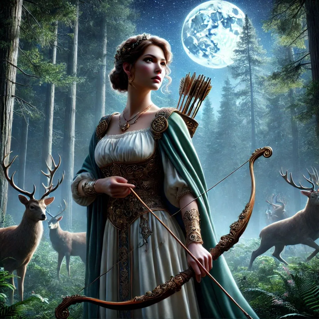 Diana con arco y aljaba entre ciervos en un bosque bajo la luna llena