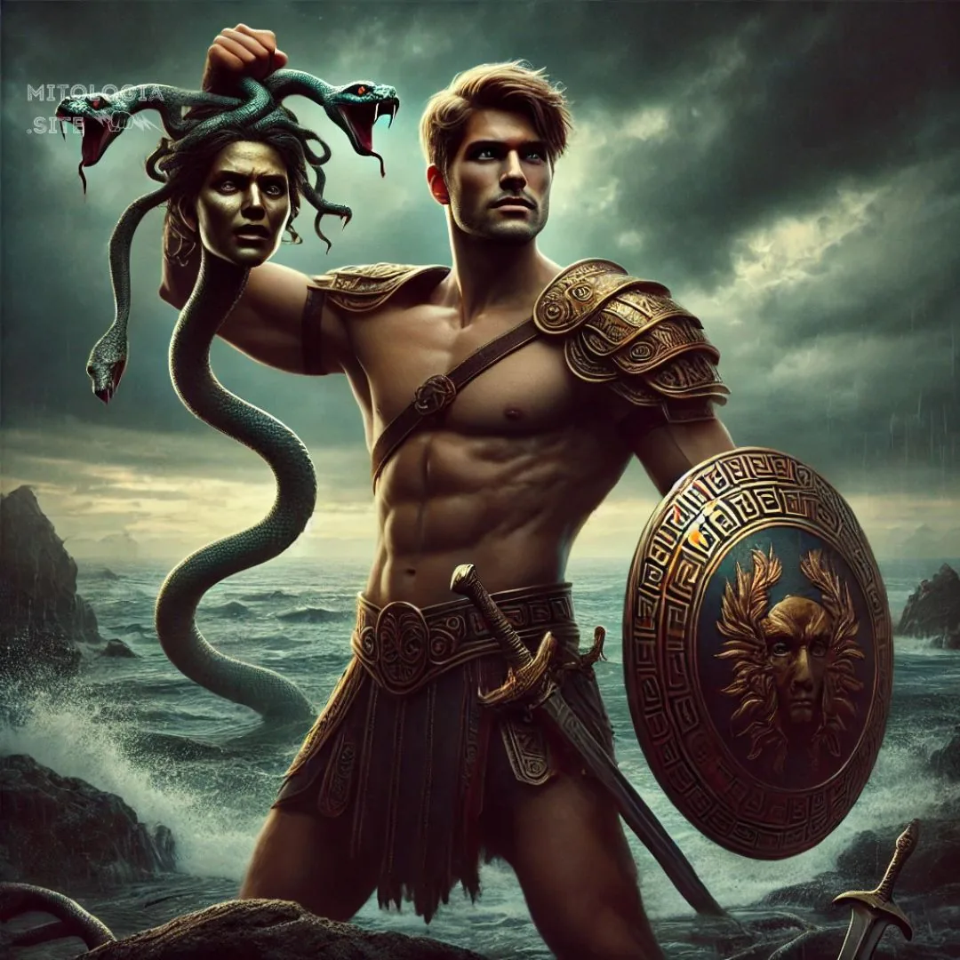 Perseo alzando la cabeza cortada de Medusa con serpientes, portando escudo y espada junto al mar
