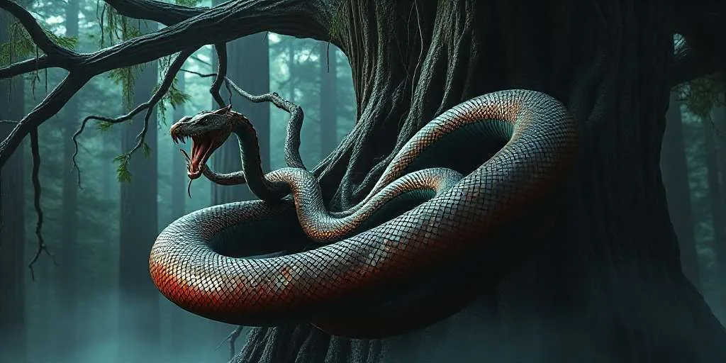 Serpiente gigante de fauces abiertas enroscada en un árbol de un bosque oscuro y neblinoso