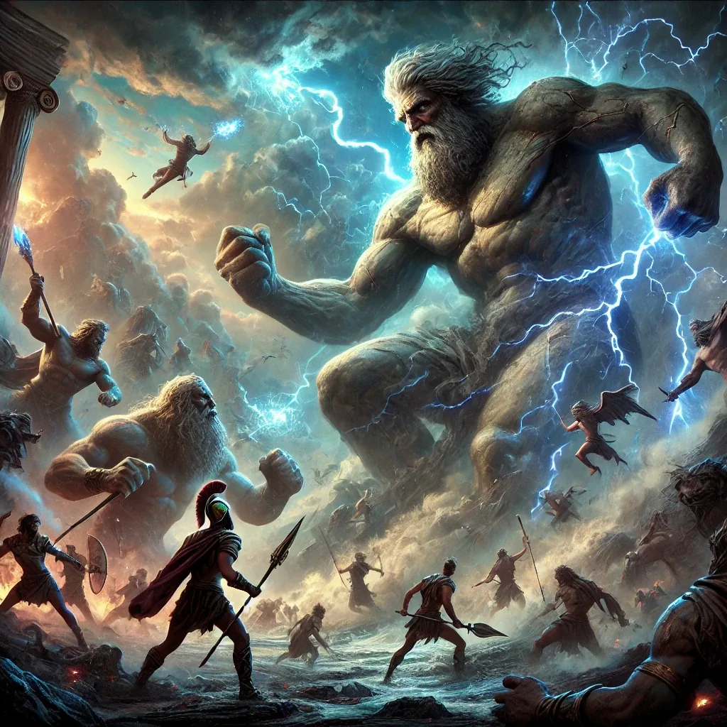 Titanes gigantes de piedra luchando contra guerreros griegos entre rayos azules y tormenta
